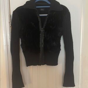 Cache Black Faux Fur Zip-Up Sweater